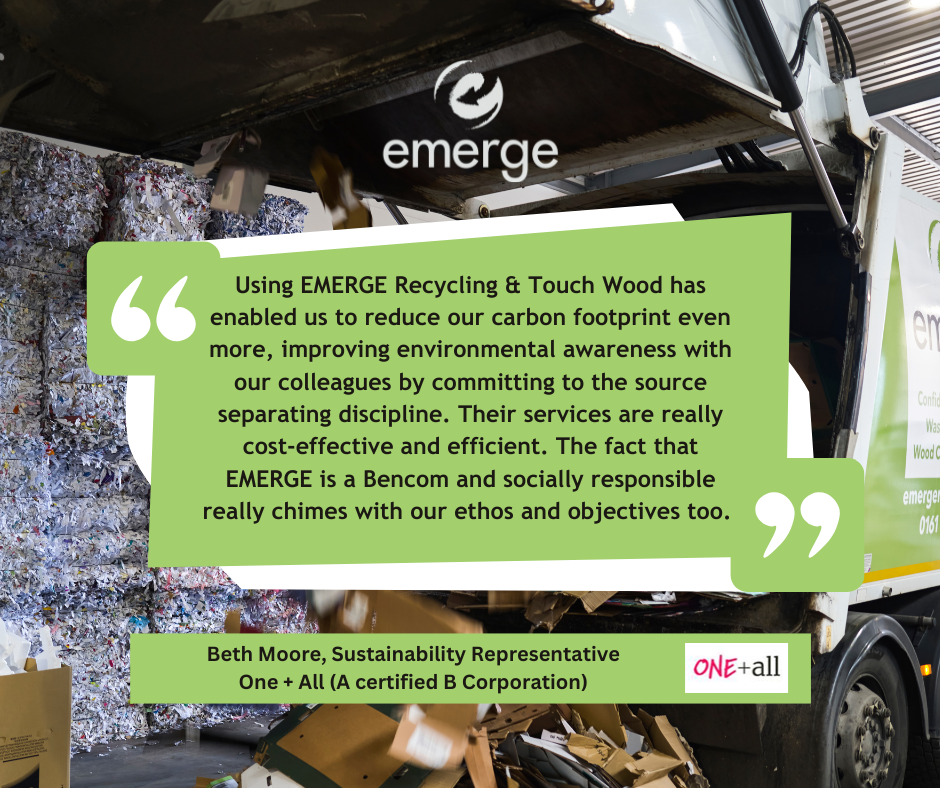 Quote image overlayed over image of an EMERGE bin truck tipping out cardboard